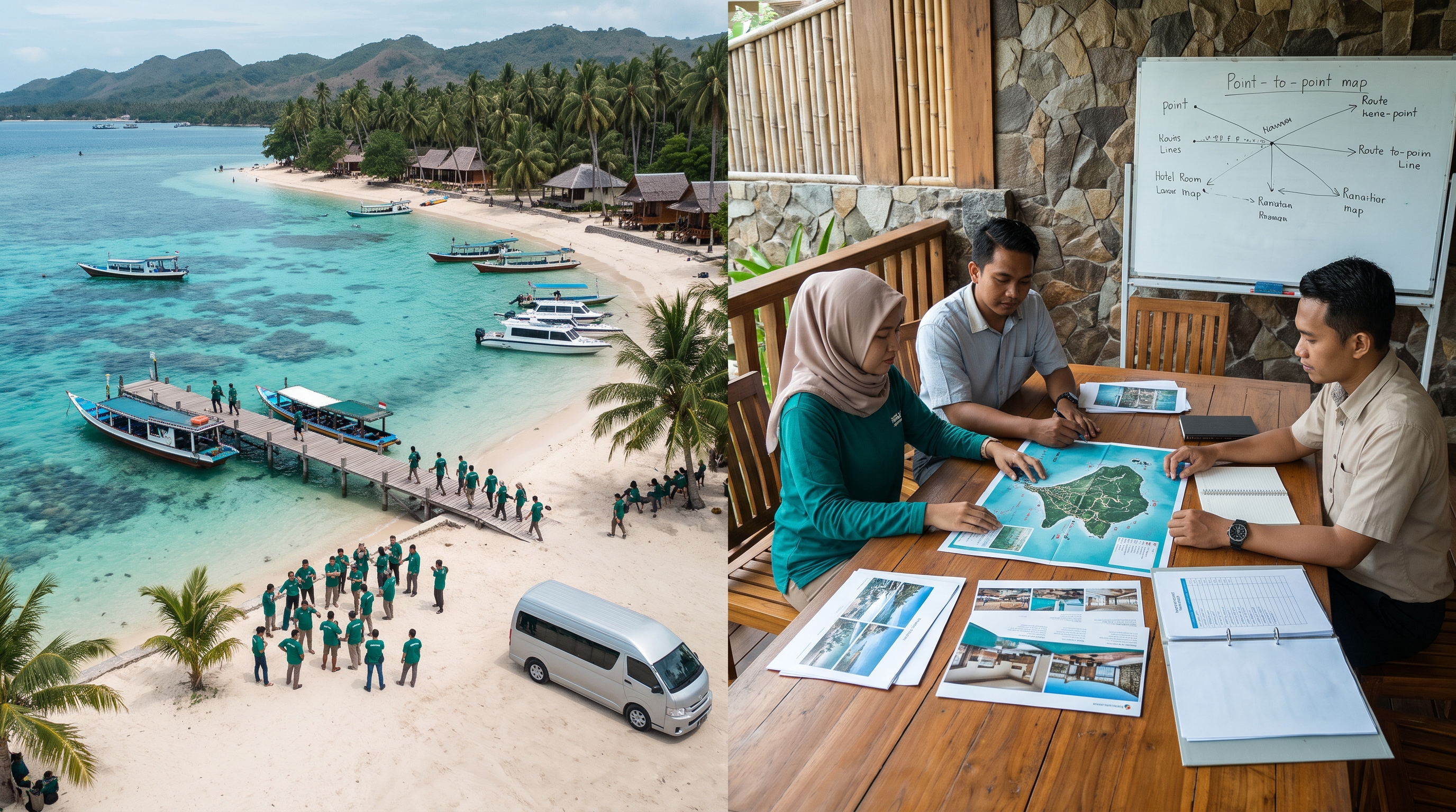 Kolam renang dan pohon kelapa di resor pantai saat senja